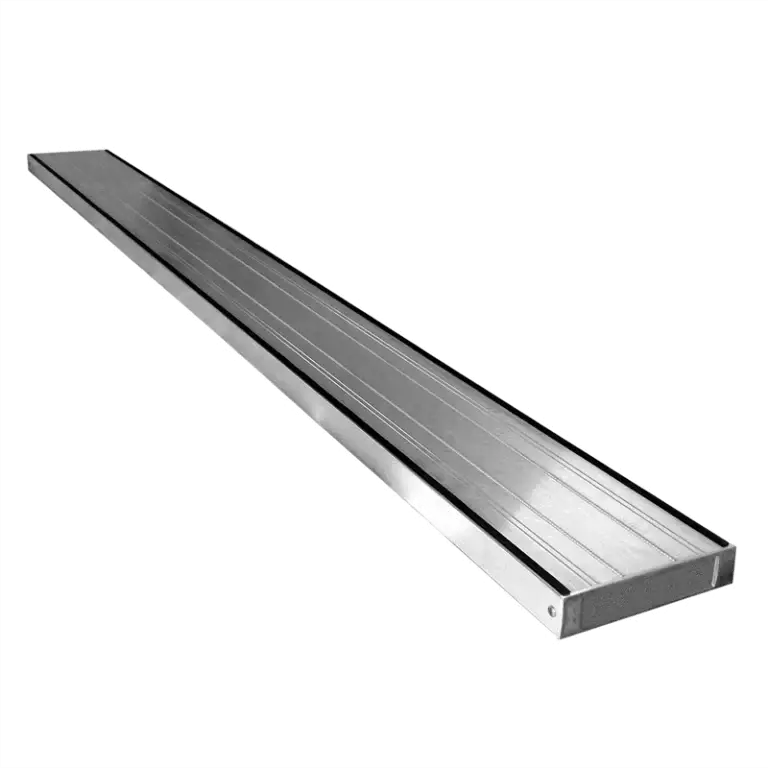 Heavy-duty aluminium scaffold planks used for elevated work platforms on construction sites