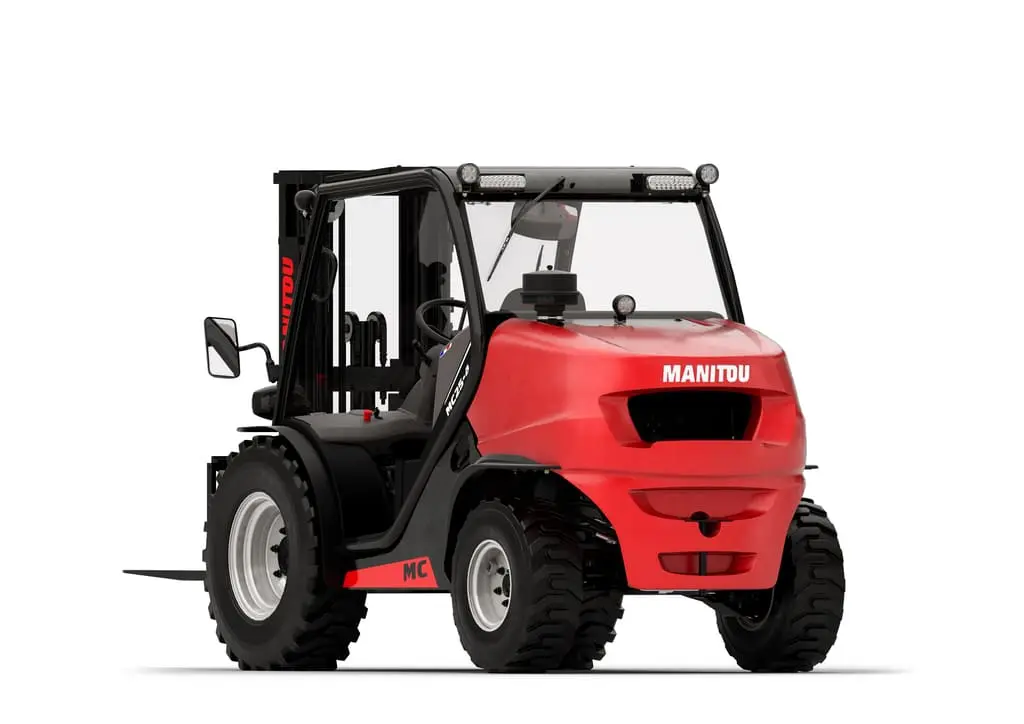 Manitou 2.5T rough terrain forklift with 4WD and compact design, built for stability and performance on uneven outdoor surfaces