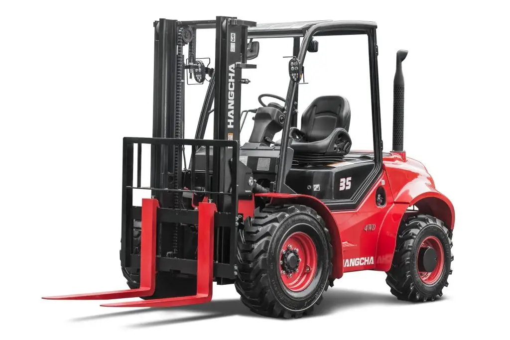 Hangcha 3.5T rough terrain forklift with 4WD and wide-view mast for handling heavy loads on uneven outdoor surfaces
