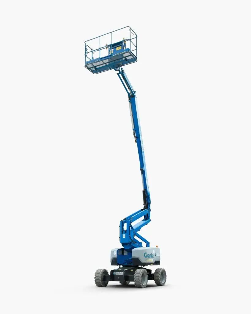 Genie Z-60 articulated boom lift fully extended, showcasing its versatile Z-shaped arm design—ideal for elevated access in tight or hard-to-reach areas. Available for hire from All Access Hire in Southeast Queensland.