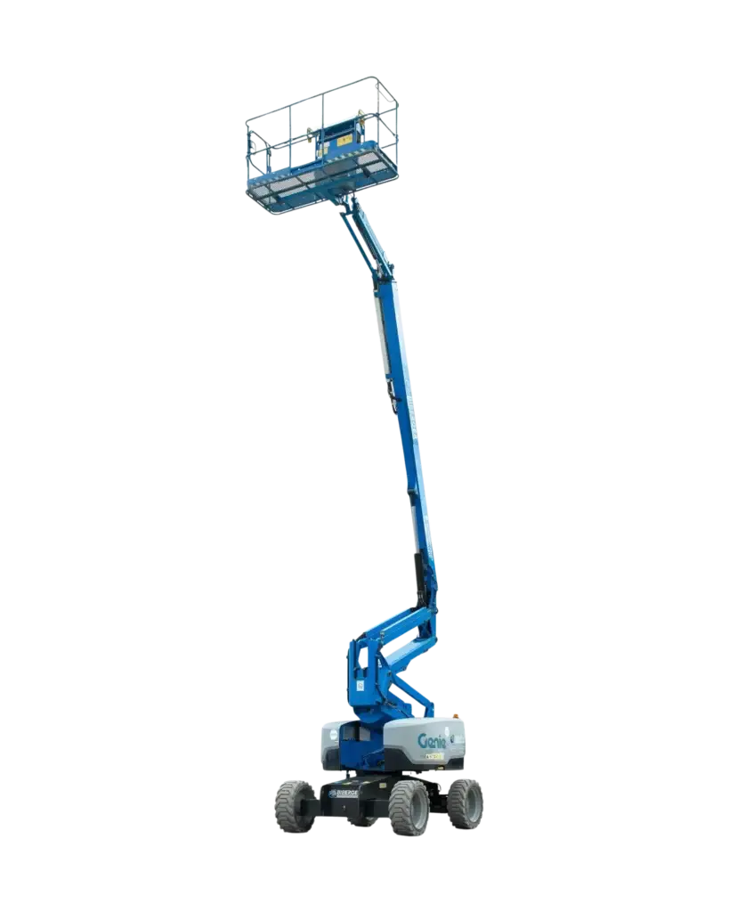 Genie Z-60 articulated boom lift fully extended, showcasing its versatile Z-shaped arm design—ideal for elevated access in tight or hard-to-reach areas. Available for hire from All Access Hire in Southeast Queensland.