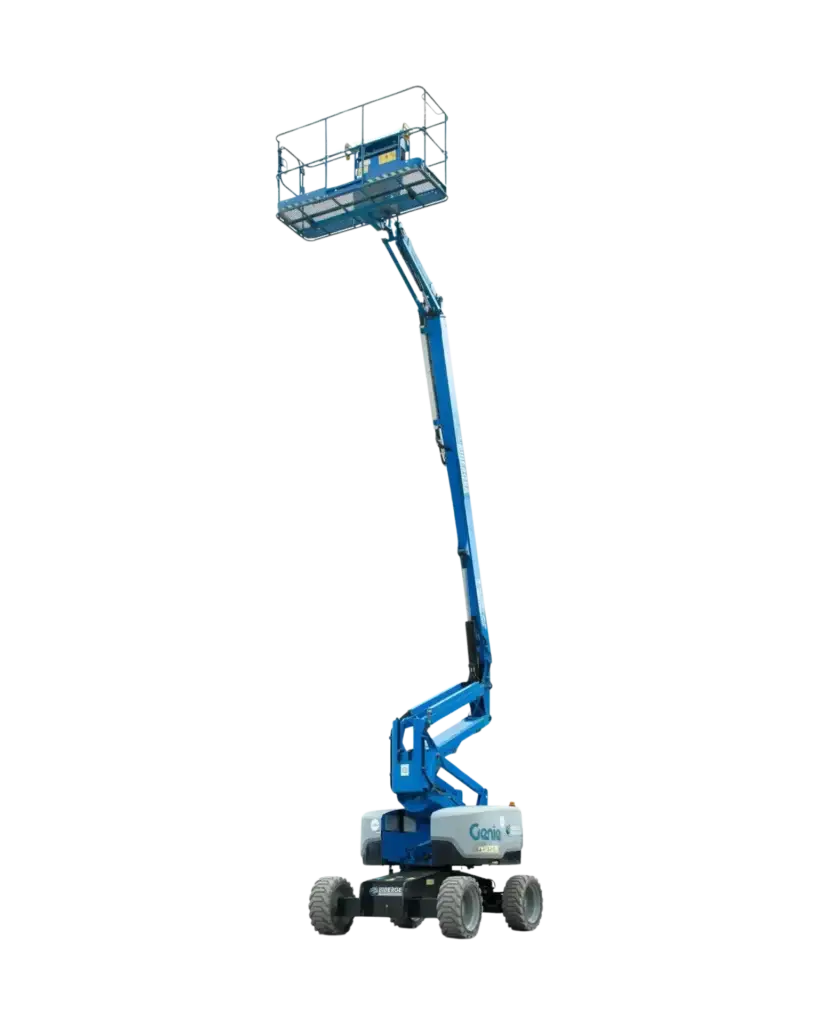 Genie Z-60 articulated boom lift fully extended, showcasing its versatile Z-shaped arm design—ideal for elevated access in tight or hard-to-reach areas. Available for hire from All Access Hire in Southeast Queensland.