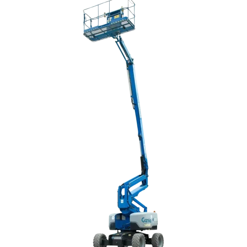 Genie Z-60 articulated boom lift fully extended, showcasing its versatile Z-shaped arm design—ideal for elevated access in tight or hard-to-reach areas. Available for hire from All Access Hire in Southeast Queensland.
